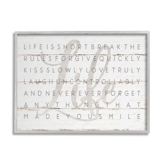 Stupell Industries Life Is Short Smile Grey on White Planked Look Framed Wall Art